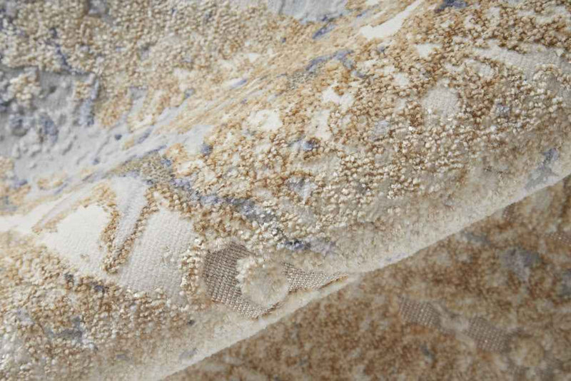 8' Tan Brown And Blue Abstract Power Loom Distressed Runner Rug