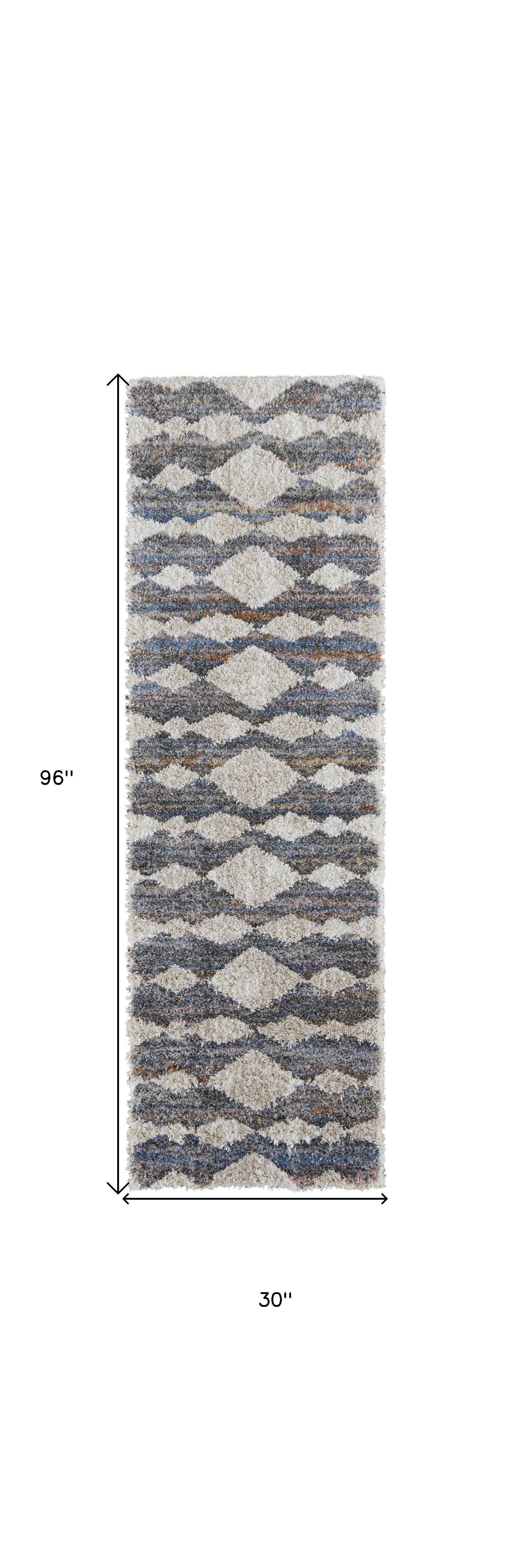 8' Tan Ivory And Blue Chevron Power Loom Stain Resistant Runner Rug