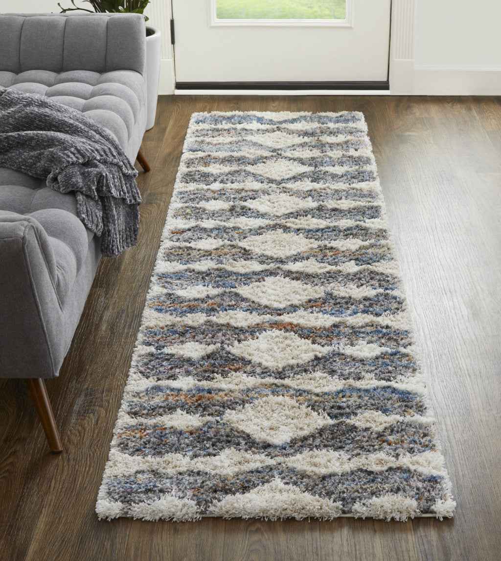 8' Tan Ivory And Blue Chevron Power Loom Stain Resistant Runner Rug