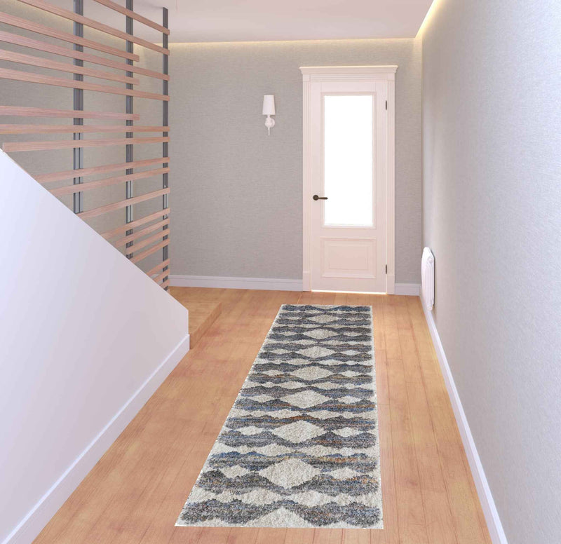 8' Tan Ivory And Blue Chevron Power Loom Stain Resistant Runner Rug