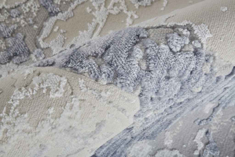 8' Ivory And Blue Abstract Power Loom Distressed Runner Rug