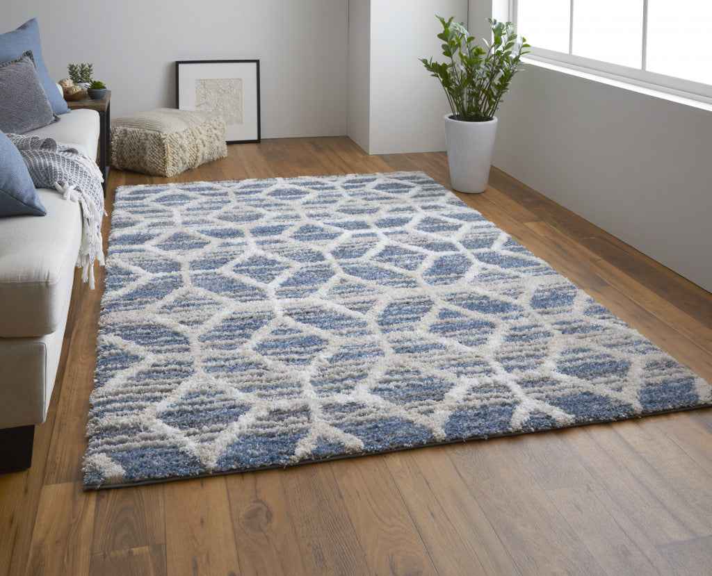 9' X 12' Blue And Ivory Geometric Power Loom Stain Resistant Area Rug