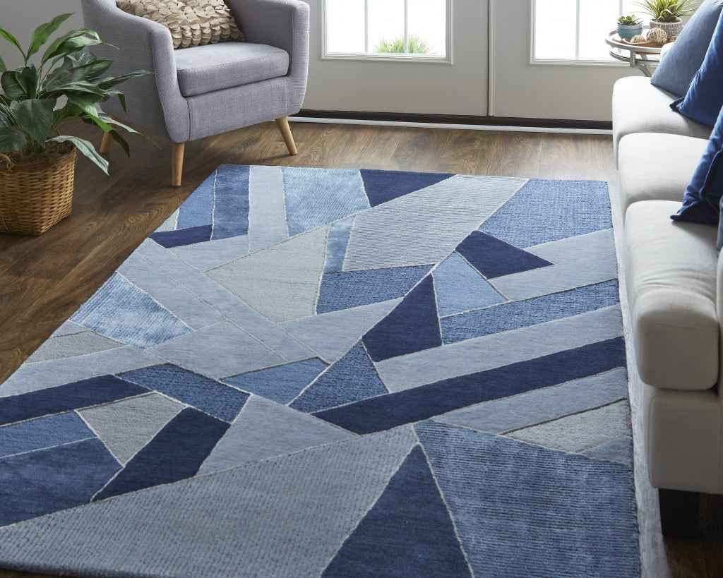 9' X 12' Blue And Silver Wool Geometric Tufted Handmade Area Rug