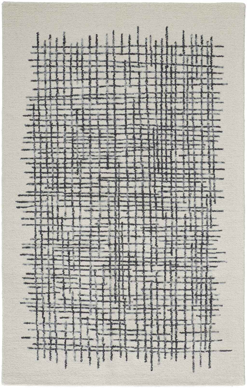 4' X 6' Ivory Gray And Black Wool Plaid Tufted Handmade Stain Resistant Area Rug