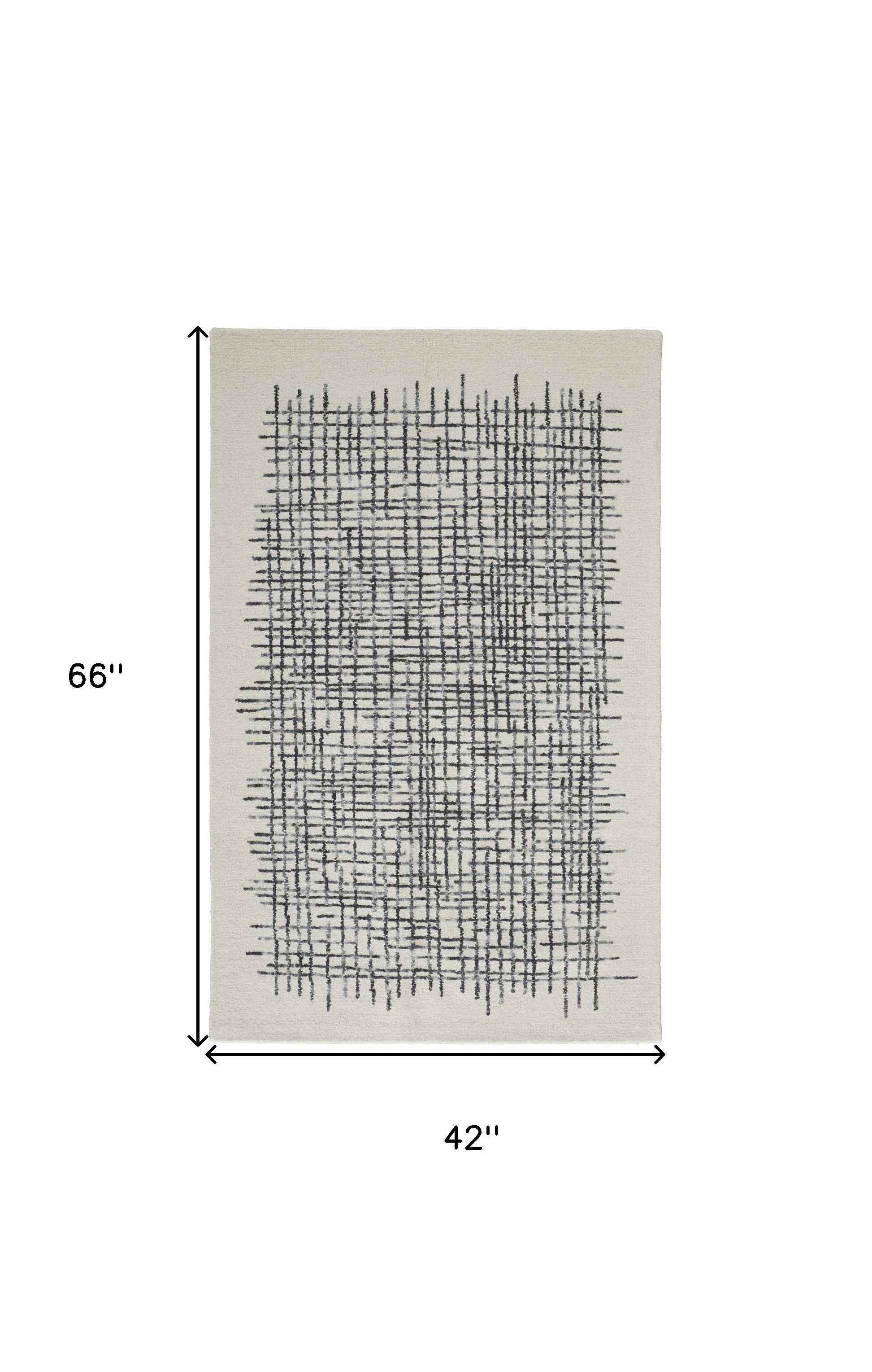 4' X 6' Ivory Gray And Black Wool Plaid Tufted Handmade Stain Resistant Area Rug