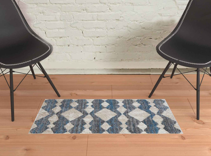 2' X 3' Ivory Gray And Blue Chevron Power Loom Stain Resistant Area Rug