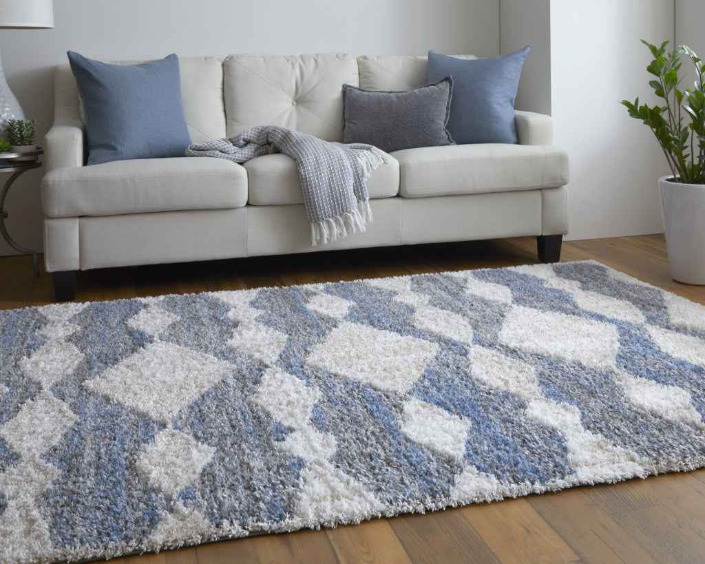 5' X 8' Ivory Gray And Blue Chevron Power Loom Stain Resistant Area Rug