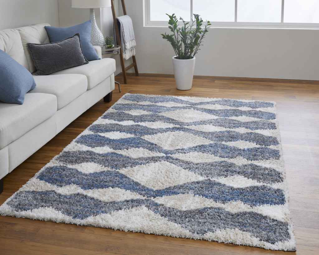 5' X 8' Ivory Gray And Blue Chevron Power Loom Stain Resistant Area Rug