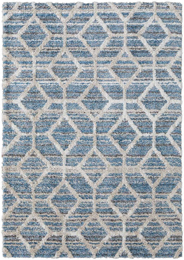 10' X 14' Blue And Ivory Geometric Power Loom Stain Resistant Area Rug