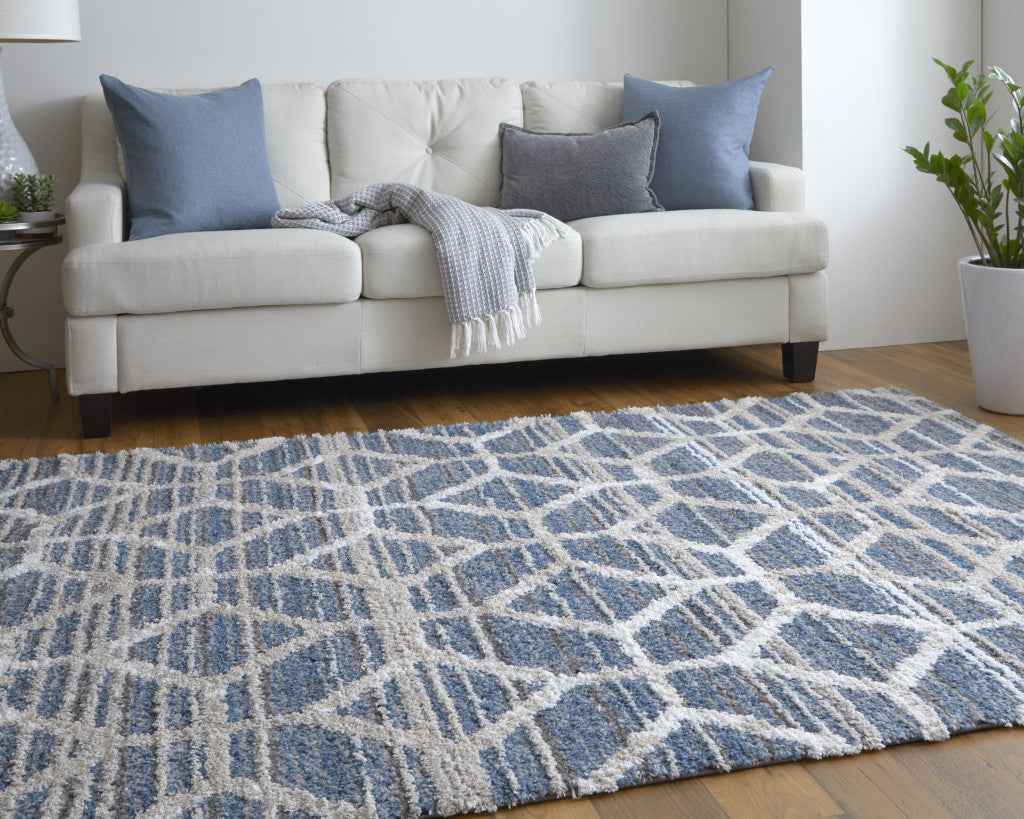 10' X 14' Blue And Ivory Geometric Power Loom Stain Resistant Area Rug