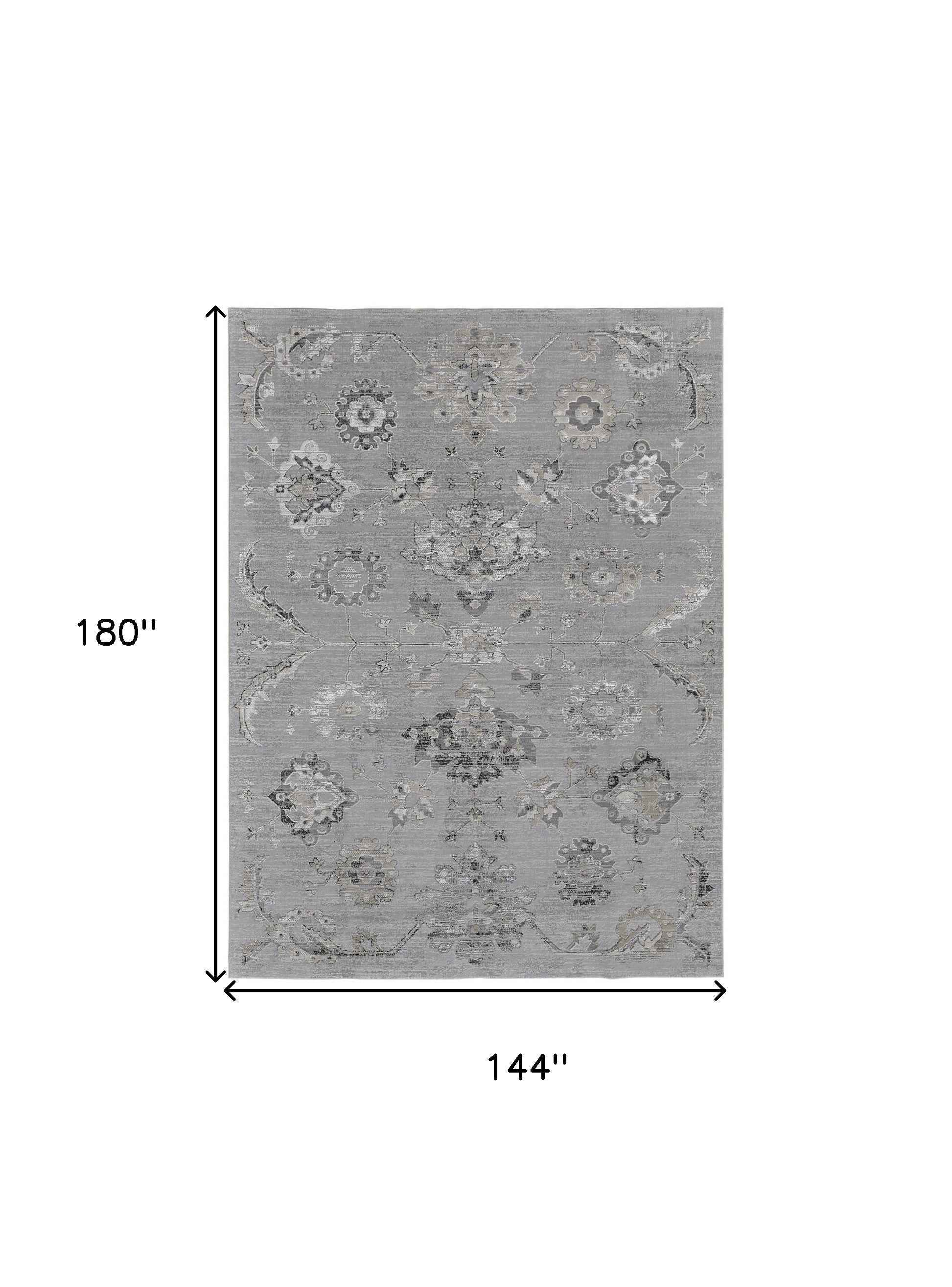 12' X 15' Silver And Black Floral Power Loom Distressed Area Rug