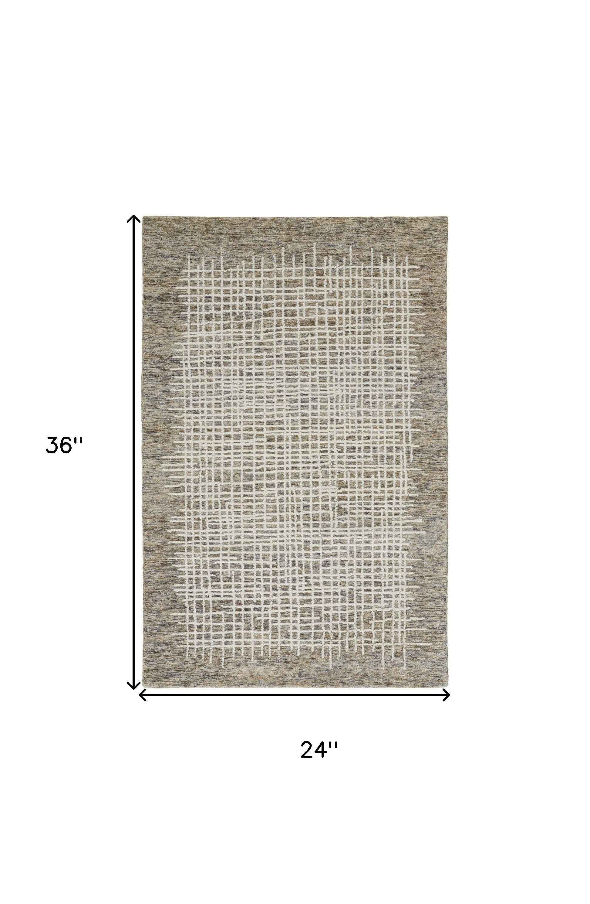 2' X 3' Tan And Ivory Wool Plaid Tufted Handmade Stain Resistant Area Rug