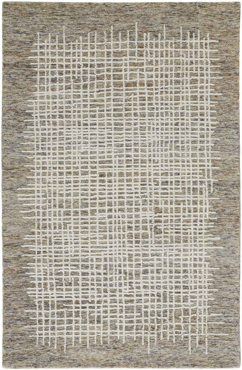 2' X 3' Tan And Ivory Wool Plaid Tufted Handmade Stain Resistant Area Rug