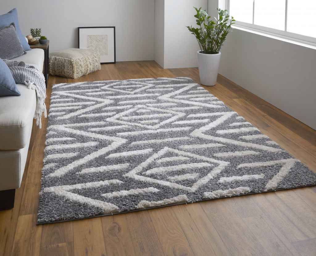9' X 12' Gray And Ivory Geometric Power Loom Stain Resistant Area Rug
