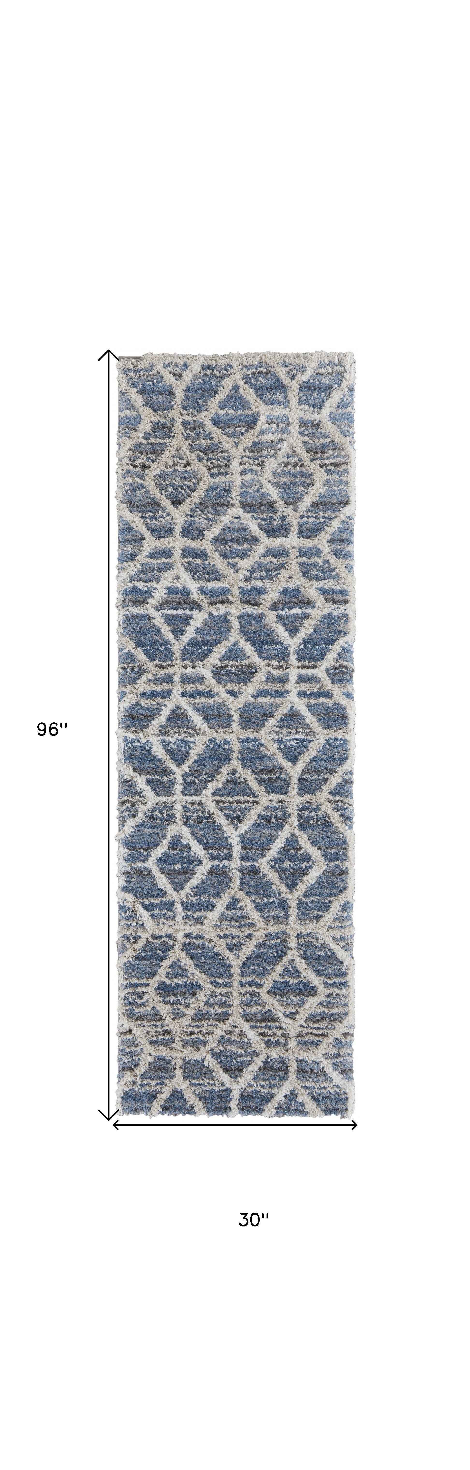 8' Blue And Ivory Geometric Power Loom Stain Resistant Runner Rug