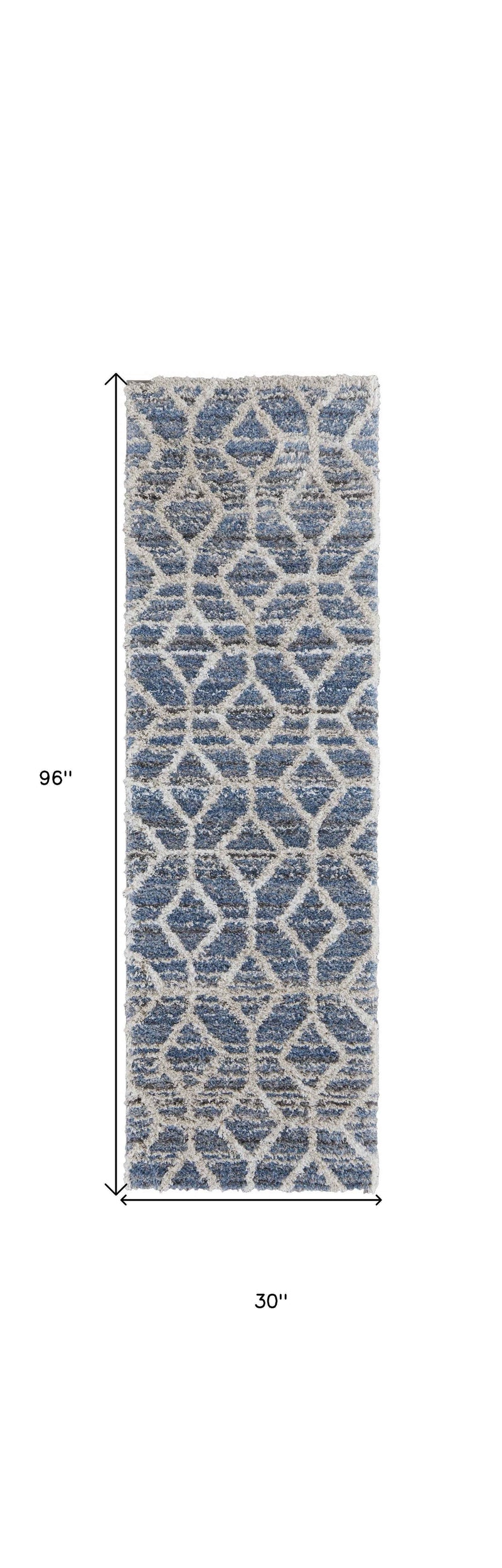 8' Blue And Ivory Geometric Power Loom Stain Resistant Runner Rug