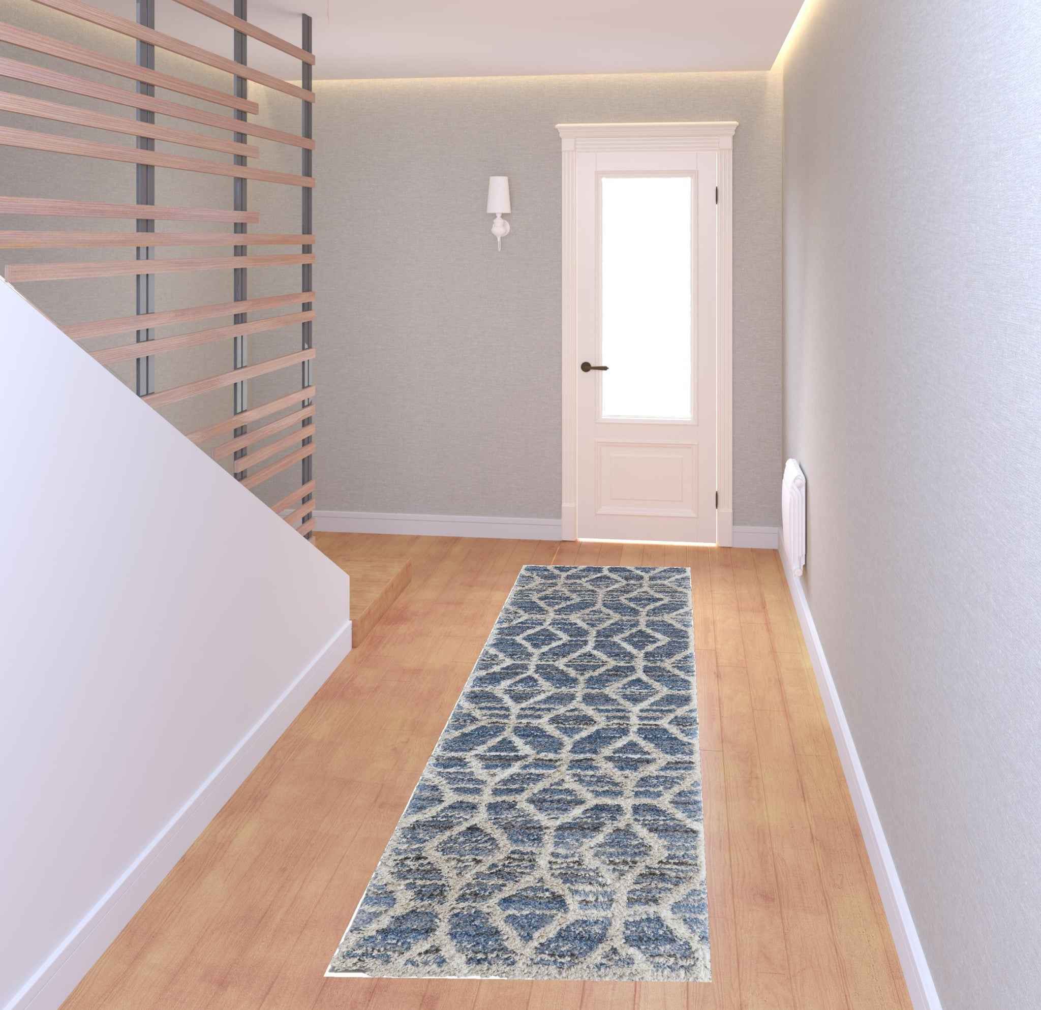 8' Blue And Ivory Geometric Power Loom Stain Resistant Runner Rug