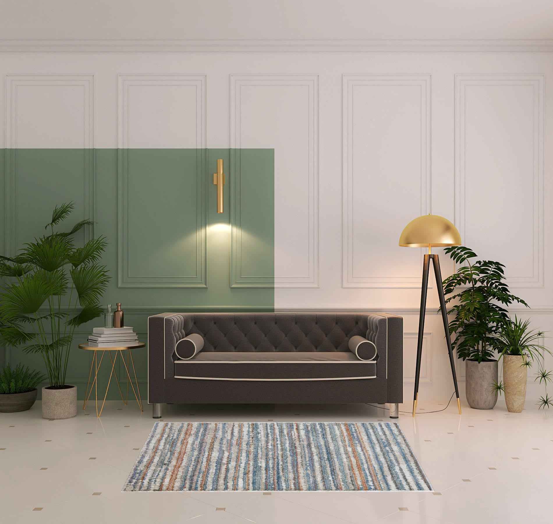 4' X 6' Ivory Blue And Orange Striped Power Loom Stain Resistant Area Rug