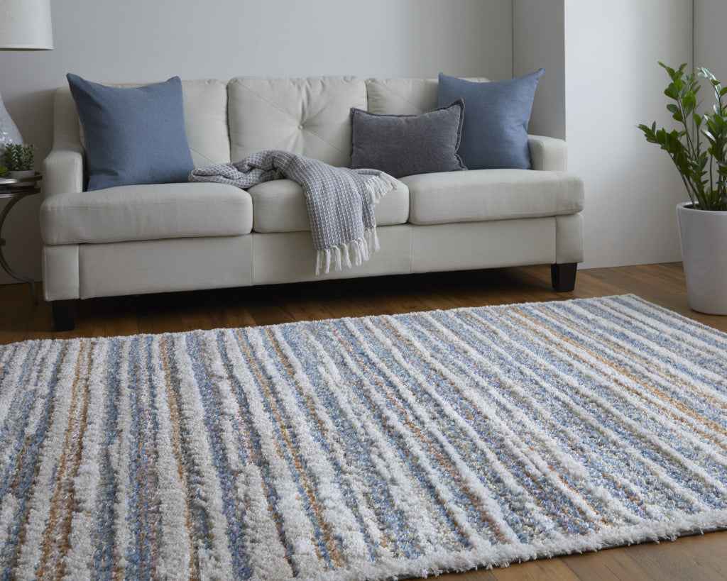 4' X 6' Ivory Blue And Orange Striped Power Loom Stain Resistant Area Rug