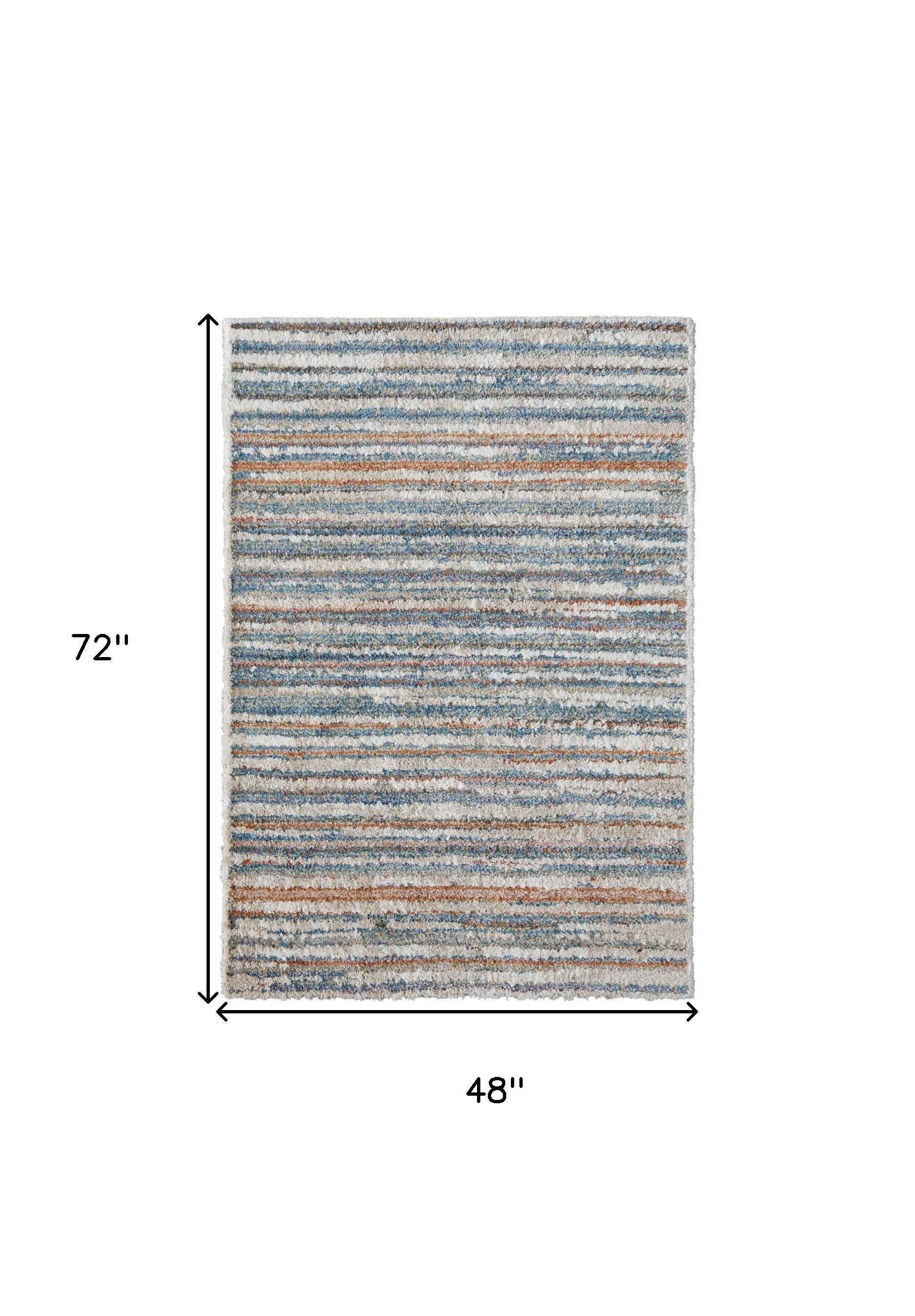 4' X 6' Ivory Blue And Orange Striped Power Loom Stain Resistant Area Rug