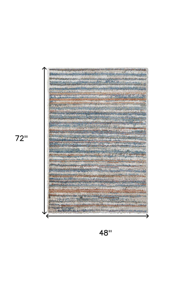4' X 6' Ivory Blue And Orange Striped Power Loom Stain Resistant Area Rug