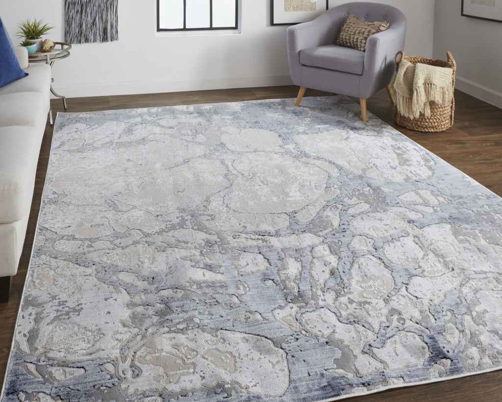8' X 10' Ivory And Blue Abstract Power Loom Distressed Area Rug