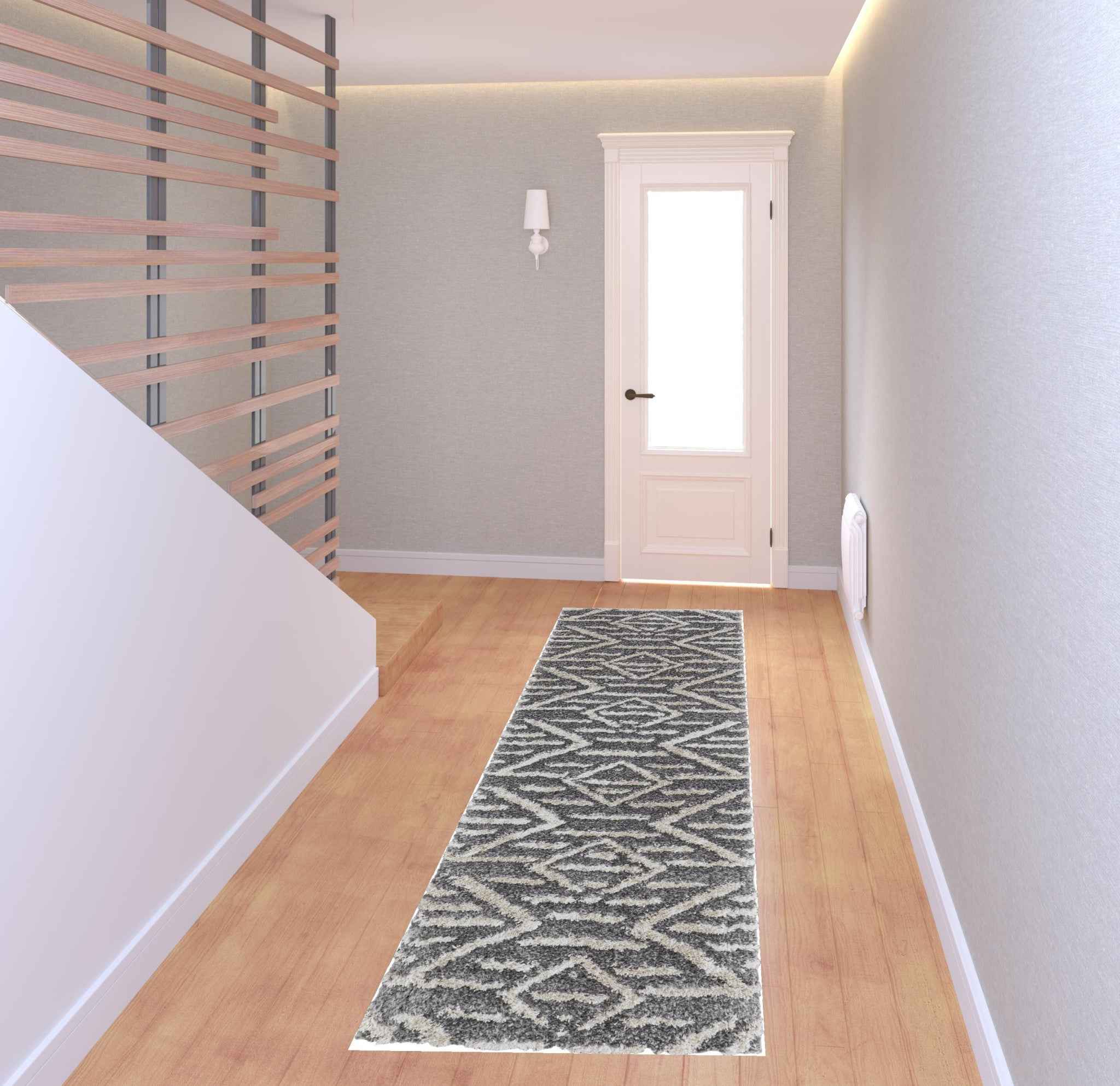 8' Gray And Ivory Geometric Power Loom Stain Resistant Runner Rug