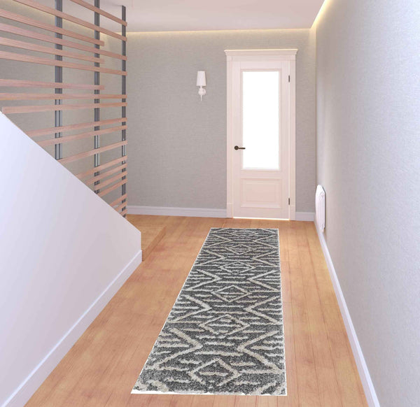 8' Gray And Ivory Geometric Power Loom Stain Resistant Runner Rug