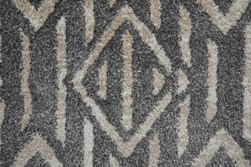 8' Gray And Ivory Geometric Power Loom Stain Resistant Runner Rug