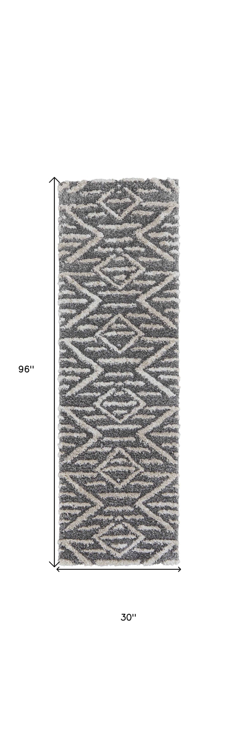 8' Gray And Ivory Geometric Power Loom Stain Resistant Runner Rug
