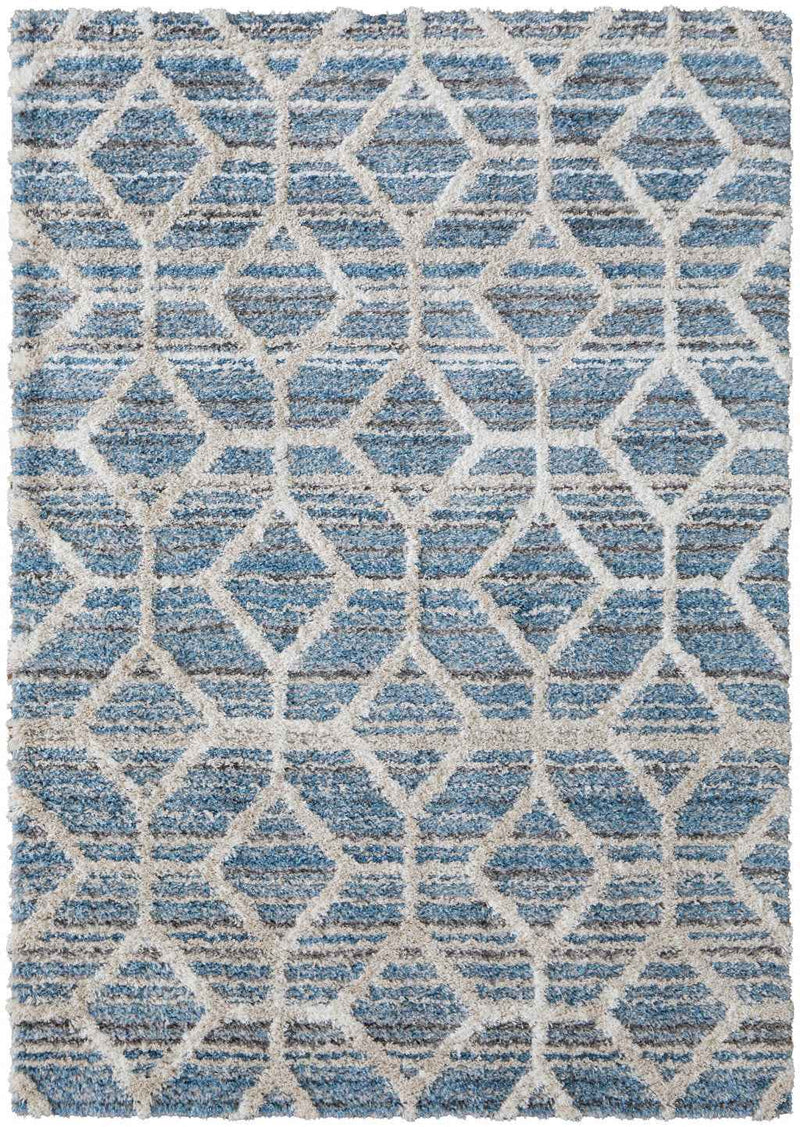 5' X 8' Blue And Ivory Geometric Power Loom Stain Resistant Area Rug