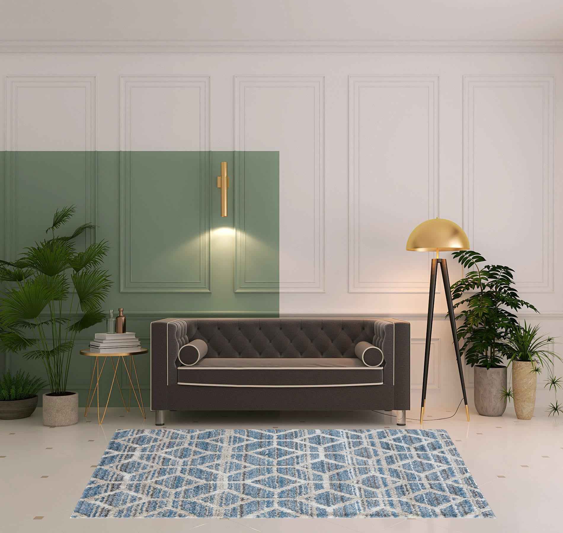 5' X 8' Blue And Ivory Geometric Power Loom Stain Resistant Area Rug