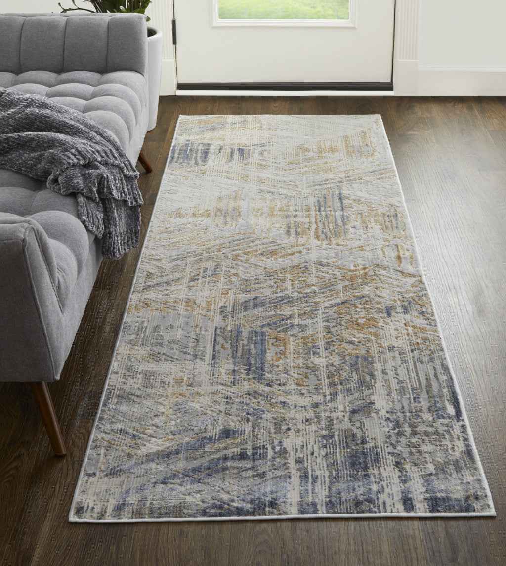 10' Tan Ivory And Gray Abstract Power Loom Distressed Runner Rug