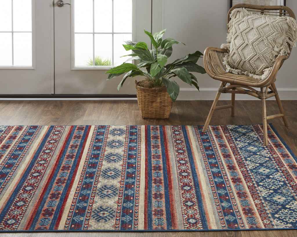 10' X 13' Blue Red And Ivory Geometric Power Loom Distressed Stain Resistant Area Rug