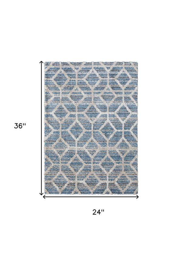 2' X 3' Blue And Ivory Geometric Power Loom Stain Resistant Area Rug