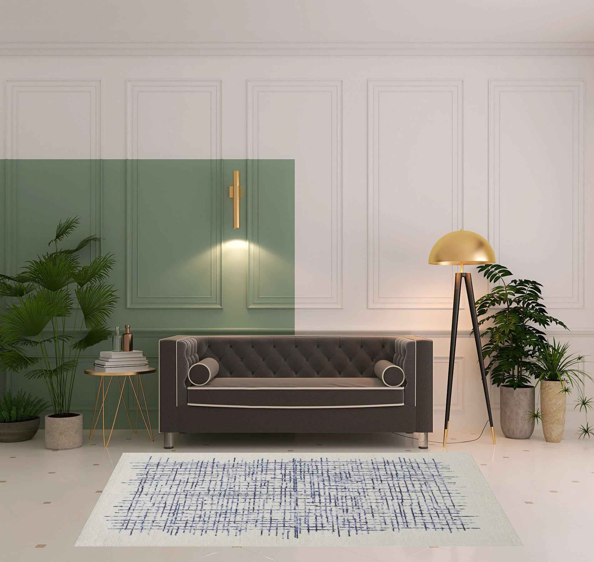 5' X 8' Ivory And Blue Wool Plaid Tufted Handmade Stain Resistant Area Rug