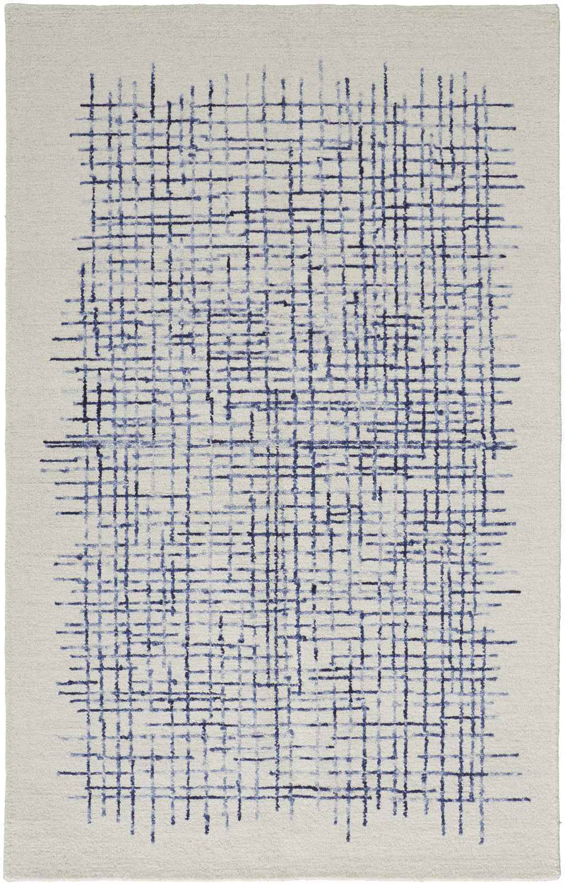 5' X 8' Ivory And Blue Wool Plaid Tufted Handmade Stain Resistant Area Rug