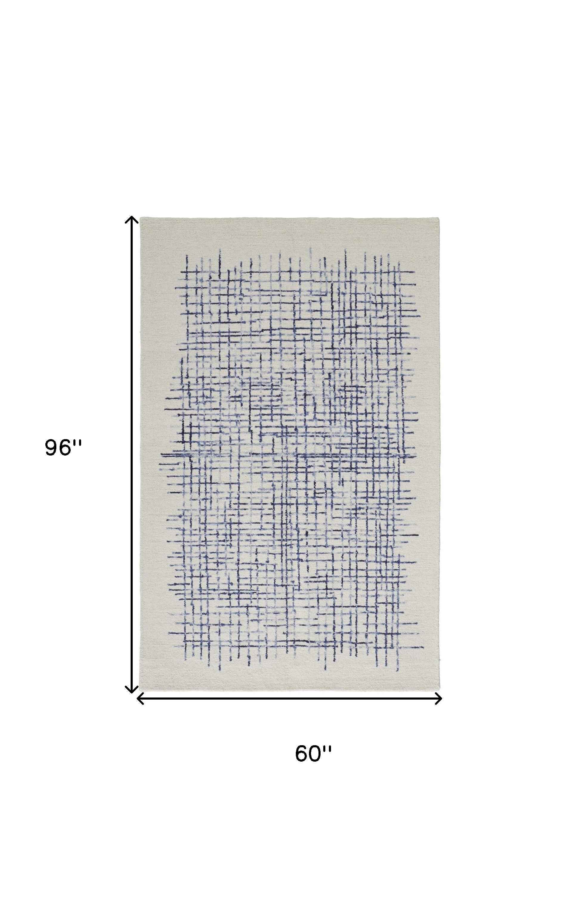 5' X 8' Ivory And Blue Wool Plaid Tufted Handmade Stain Resistant Area Rug