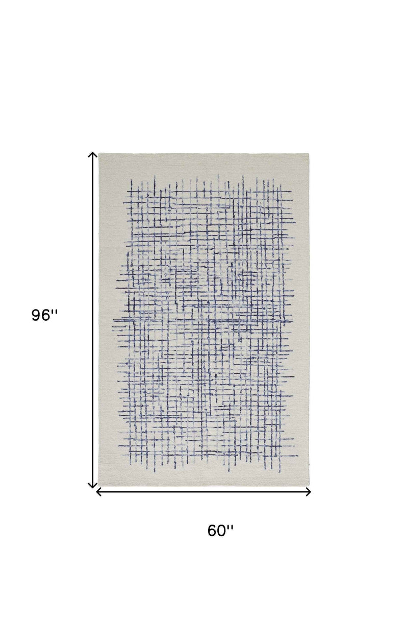 5' X 8' Ivory And Blue Wool Plaid Tufted Handmade Stain Resistant Area Rug