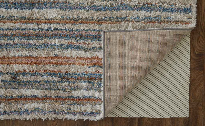 5' X 8' Ivory Blue And Orange Striped Power Loom Stain Resistant Area Rug