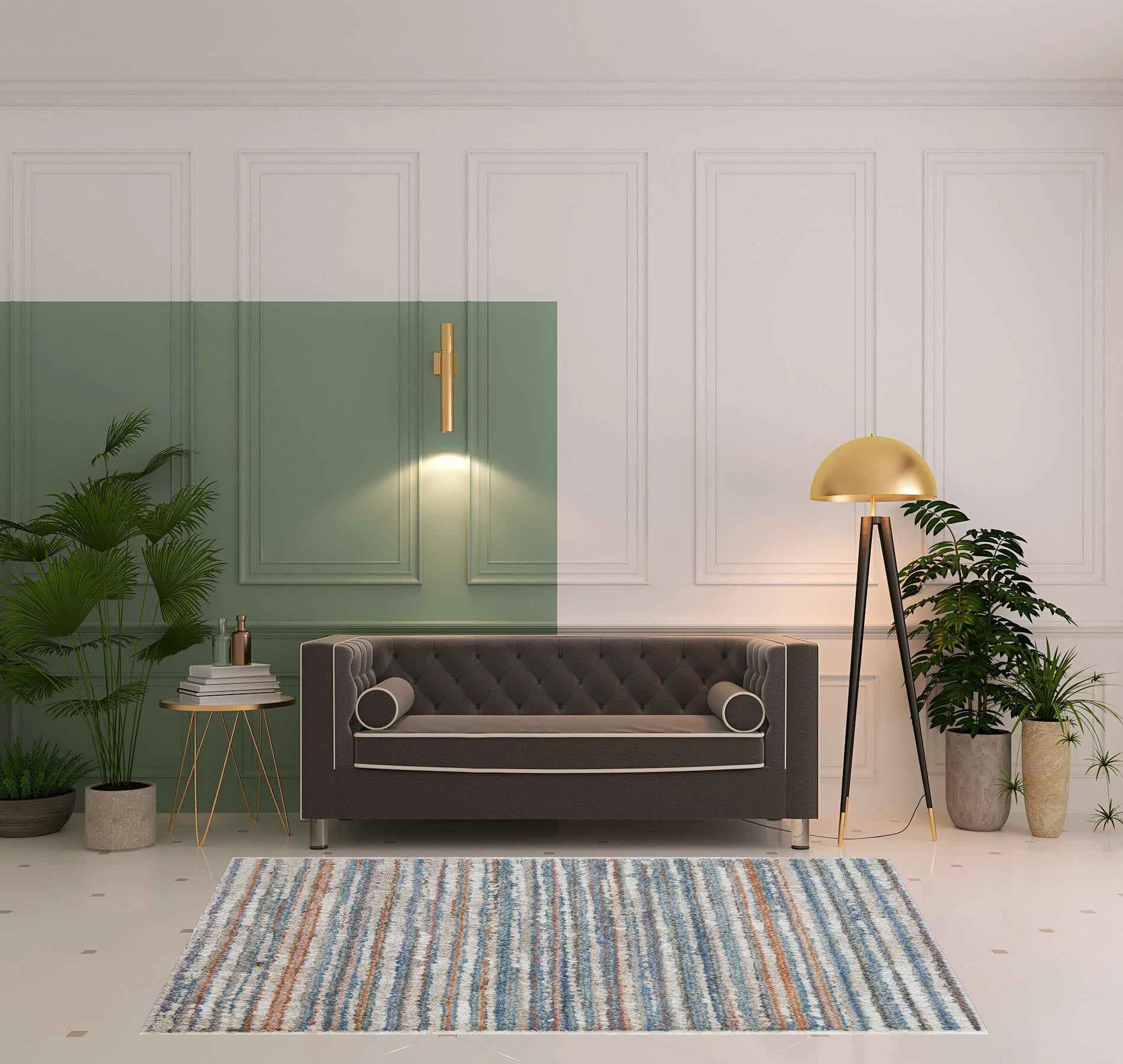 5' X 8' Ivory Blue And Orange Striped Power Loom Stain Resistant Area Rug