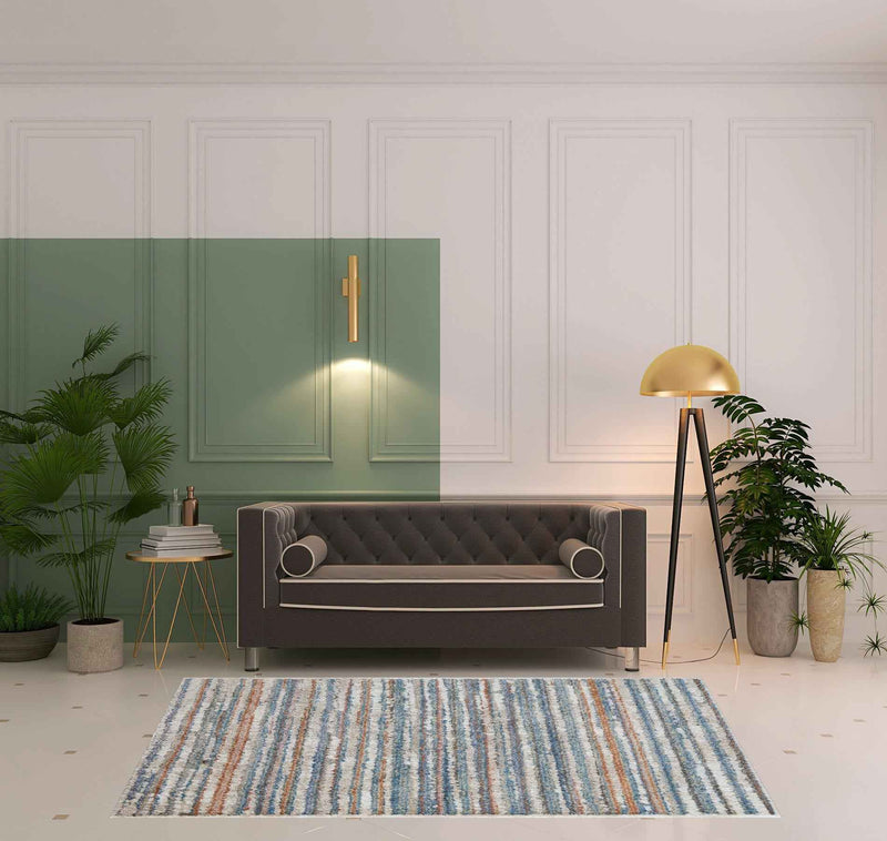 5' X 8' Ivory Blue And Orange Striped Power Loom Stain Resistant Area Rug