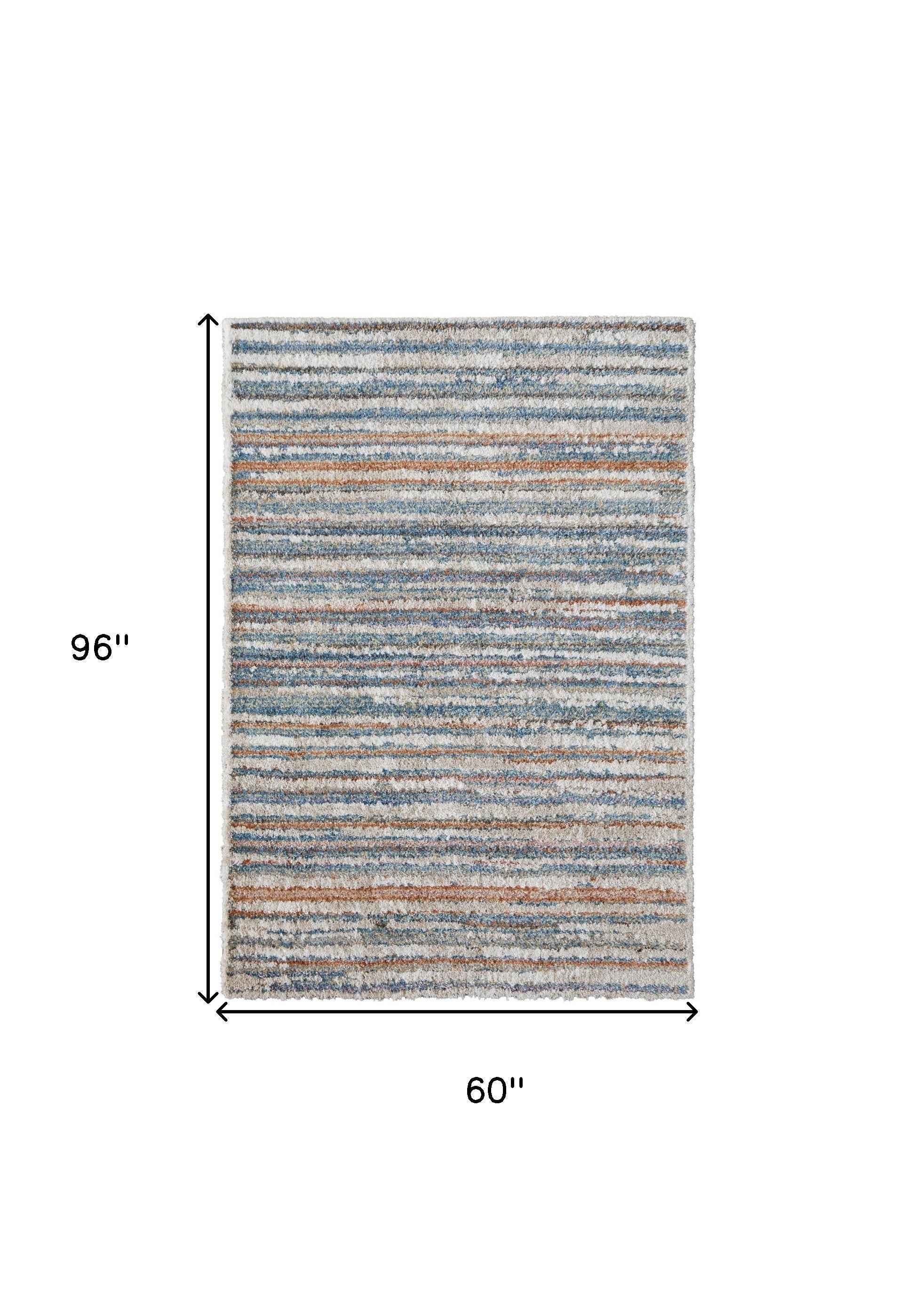 5' X 8' Ivory Blue And Orange Striped Power Loom Stain Resistant Area Rug