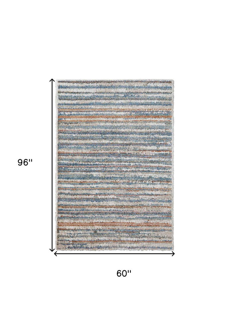 5' X 8' Ivory Blue And Orange Striped Power Loom Stain Resistant Area Rug