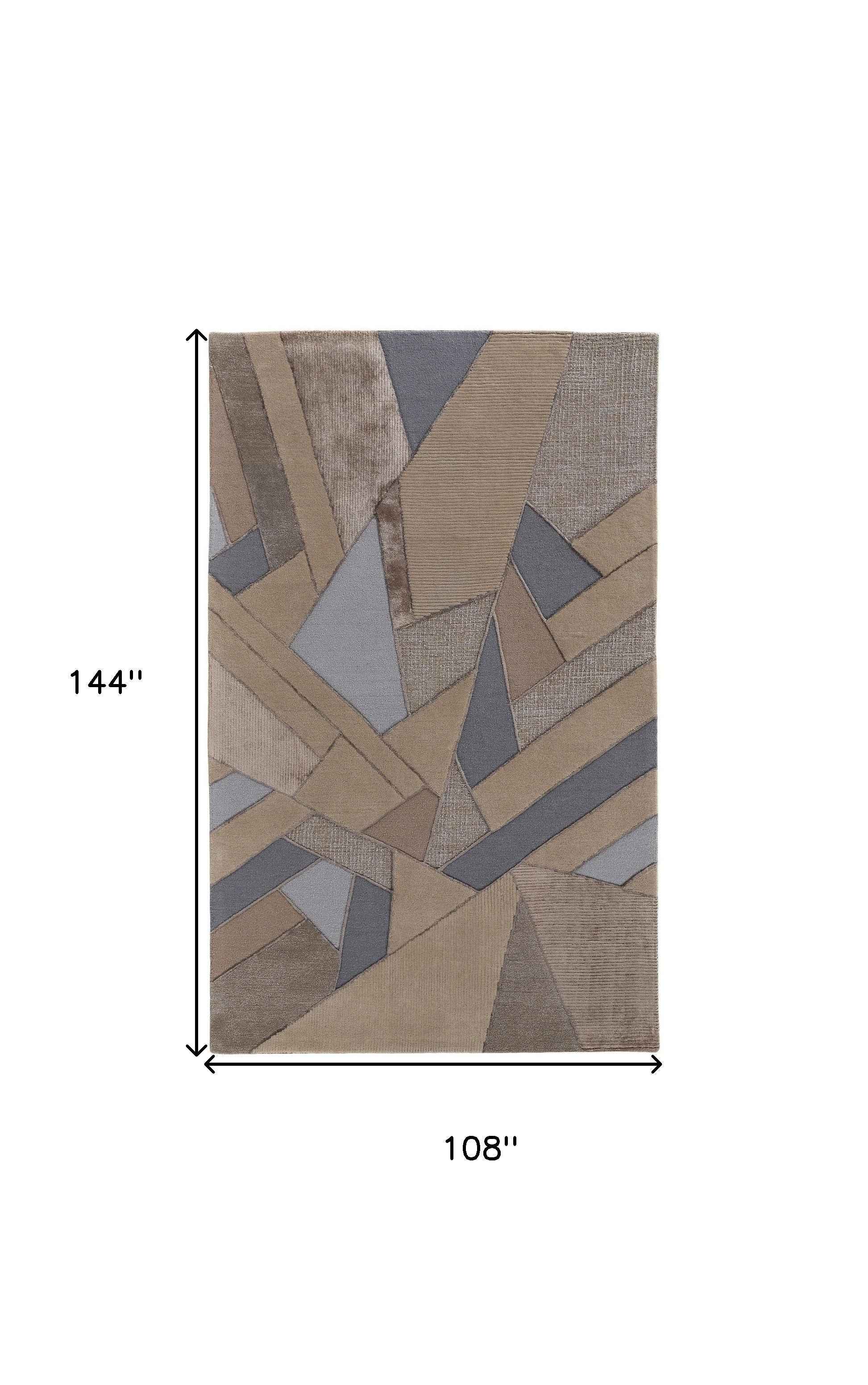 9' X 12' Tan Brown And Blue Wool Geometric Tufted Handmade Area Rug