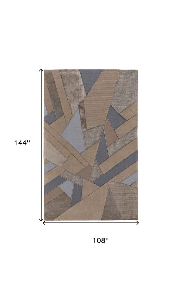 9' X 12' Tan Brown And Blue Wool Geometric Tufted Handmade Area Rug