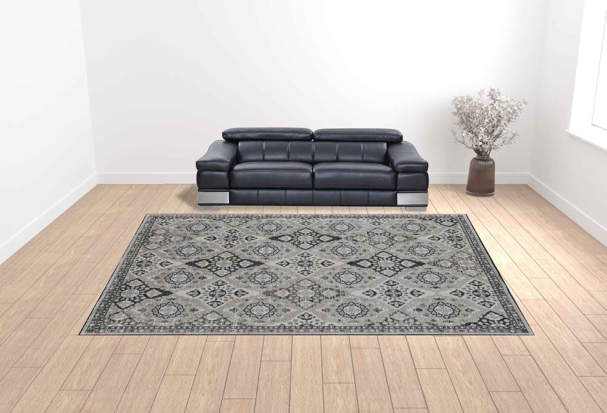 12' X 15' Gray And Black Floral Power Loom Area Rug