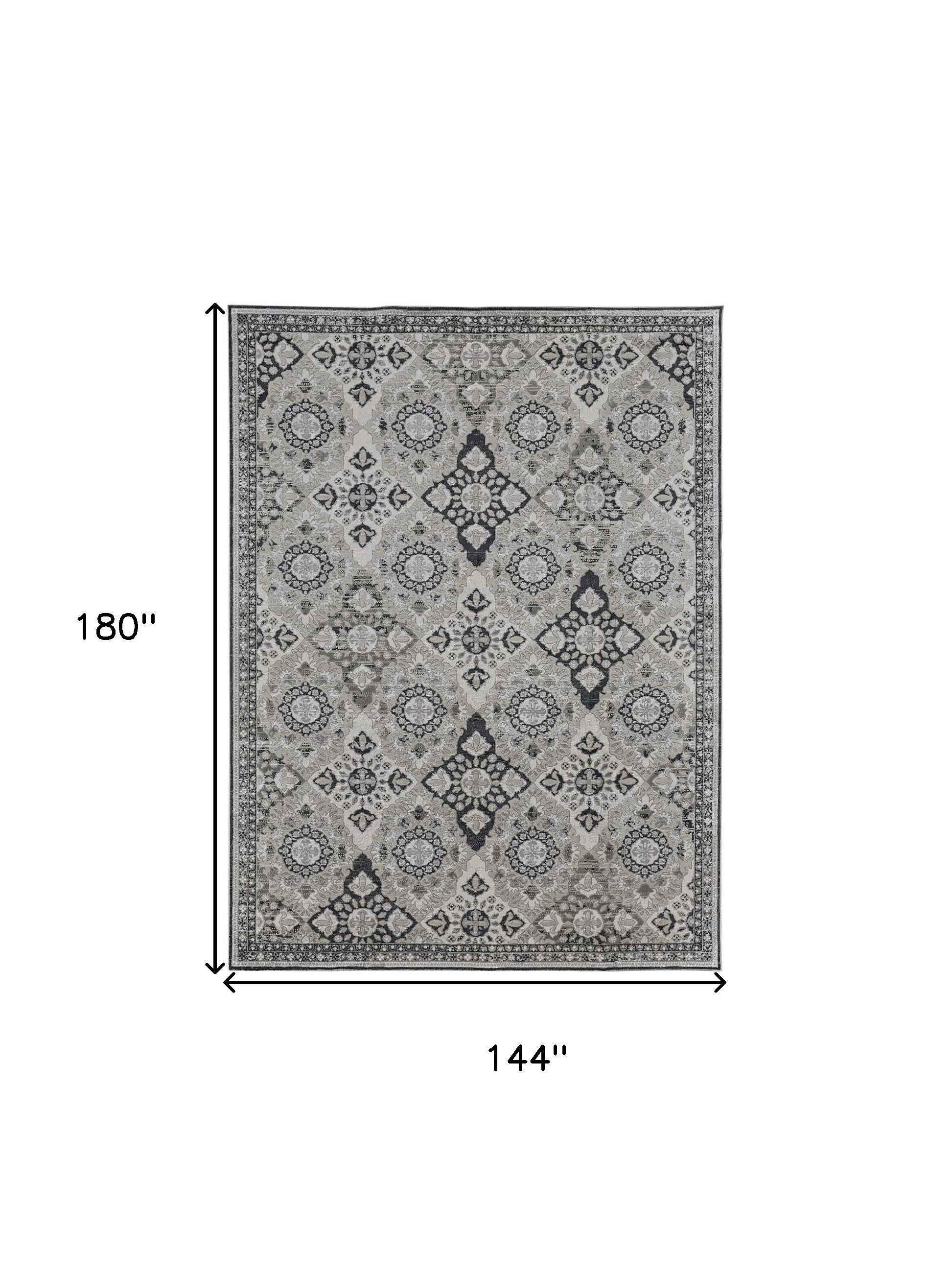 12' X 15' Gray And Black Floral Power Loom Area Rug
