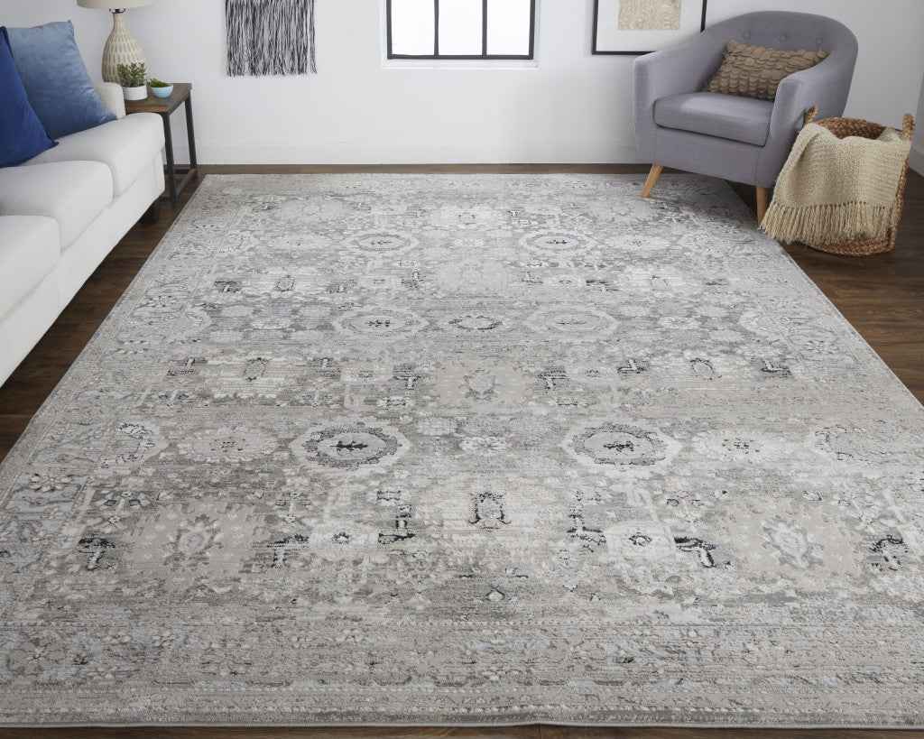 12' X 15' Gray And Silver Abstract Power Loom Distressed Area Rug