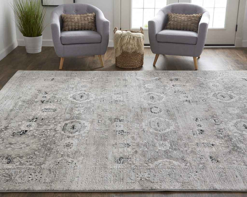 12' X 15' Gray And Silver Abstract Power Loom Distressed Area Rug